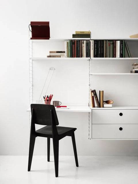 White String® System chest of drawers with two drawers as part of a home office shelving system with desk
