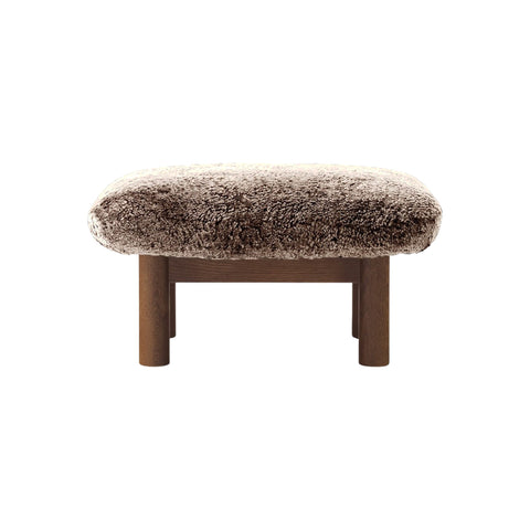 Audo Copenhagen Brasilia Ottoman in Dark Stained Oak and Sheepskin Sahara, packshot on white