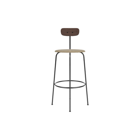 Audo Copenhagen Afteroom Bar & Counter Chair, Upholstered Seat Bar in Dark Stained Oak with Audo Bouclé 02, packshot on white