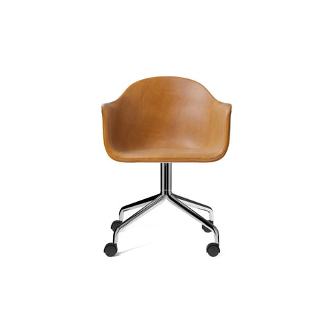 Audo Copenhagen Harbour Arm Chair, Dining Height, Upholstered in Polished Aluminum Star Base with Casters with Aida 0250, packshot on white
