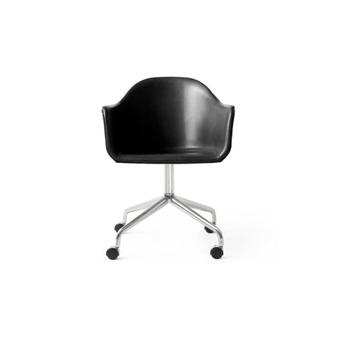 Audo Copenhagen Harbour Arm Chair, Dining Height, Upholstered in Polished Aluminum Star Base with Casters with Aida 1618, packshot on white