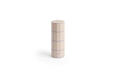 HAY Column Candle, Medium, Blue Grid Check, stearin pillar candle, off-white column printed with a fine blue grid, on plain white