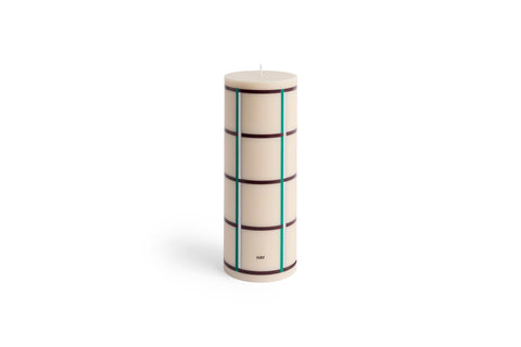HAY Column Candle, Large, Off-White, Green, Bordeaux and Silver, stearin pillar candle with a fine grid, plain white packshot