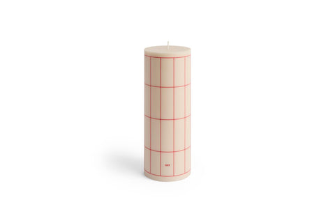 HAY Column Candle, Large, Red Grid Check, stearin pillar candle in cream with a red grid, packshot on a plain white background