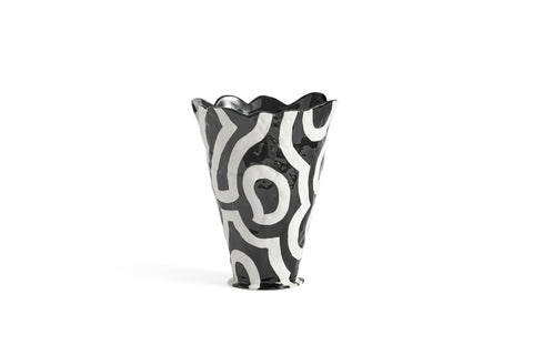 HAY Jessica Hans Shadow Vase, Black and White, patterned ceramic vase with a ruffled rim, shown empty on a plain white background