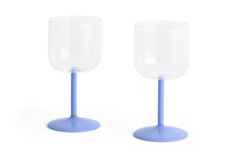 HAY Tint Wine Glasses, Jade Light Blue, borosilicate wine glasses, pair with clear bowls and light blue stems on a plain white background