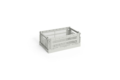HAY Colour Crate, Small, Grey, recycled plastic storage crate, single light grey folding crate on a plain white background