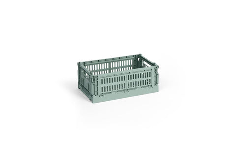 HAY Colour Crate, Small, Sage Green, recycled plastic storage crate, single sage green crate on a plain white background
