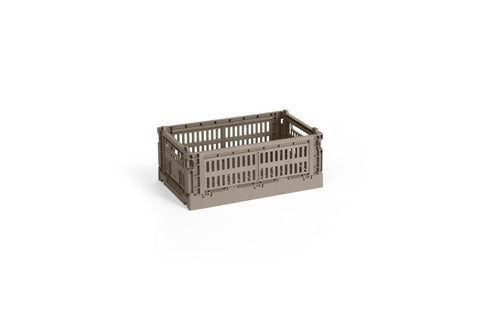 HAY Colour Crate, Small, Warm Grey, recycled plastic storage crate, single taupe folding crate on a plain white background