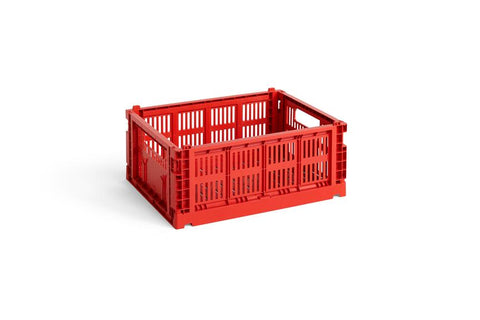HAY Colour Crate, Medium, Red, folding recycled plastic storage crate, angled packshot on a plain white background