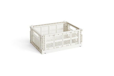 HAY Colour Crate, Medium, Off-White, folding recycled plastic storage crate, angled packshot on a plain white background