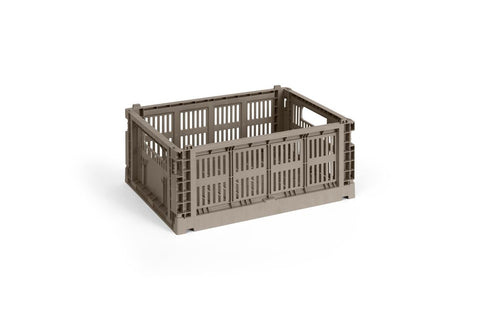 HAY Colour Crate, Medium, Warm Grey, folding recycled plastic storage crate, angled packshot on a plain white background