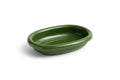 HAY Barro Oval Dish, Small, Green, glazed ceramic oval serving dish, single dish shown at an angle on a plain white background