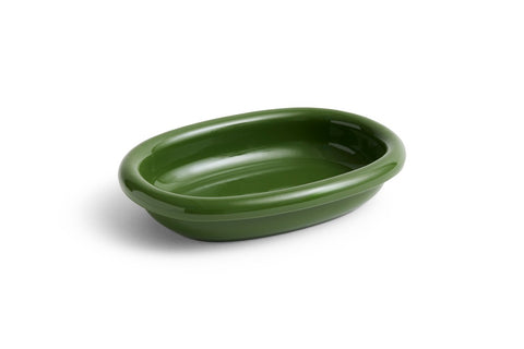 HAY Barro Oval Dish, Small, Green, glazed ceramic oval serving dish, single dish shown at an angle on a plain white background