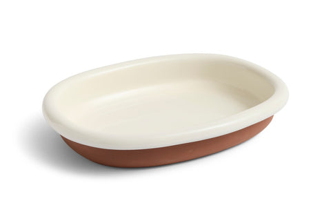 HAY Barro Oval Dish, Large, Off-White, glazed terracotta oval serving dish, single dish shown at an angle on a plain white background