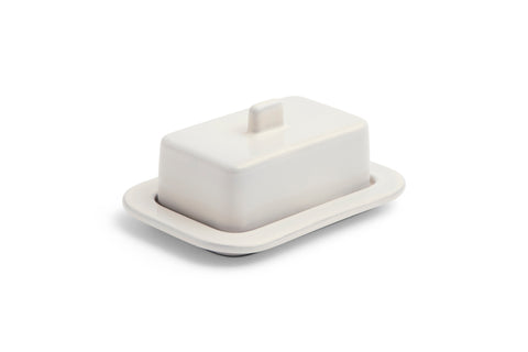 HAY Barro Butter Dish, Off-White, glazed terracotta butter dish with its lid on, packshot on a plain white background