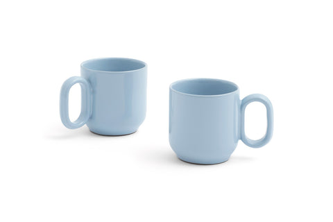 HAY Barro Cups, Light Blue, terracotta cups, two pale blue glazed cups with loop handles on a plain white background
