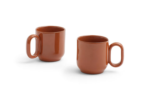 HAY Barro Cups, Natural, terracotta cups, two reddish brown cups with loop handles on a plain white background