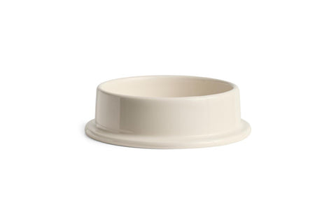 HAY Column Candleholder, Off-White, glazed ceramic pillar candleholder, a low wide dish shown on a plain white background