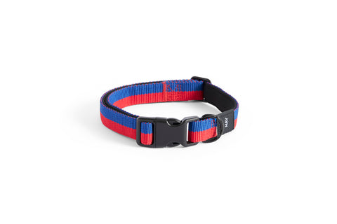 HAY Dog Collar Flat, S/M, Red and Blue, flat woven recycled polyester dog collar, packshot on a plain white background