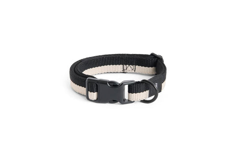 HAY Dog Collar Flat, S/M, Black and White, flat woven recycled polyester dog collar, packshot on a plain white background