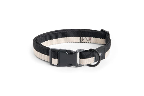 HAY Dog Collar Flat, M/L, Black and White, flat woven recycled polyester dog collar, packshot on a plain white background