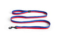 HAY Dog Leash Flat, Red and Blue, M/L, flat woven webbing dog leash, coiled with a black snap hook on a plain white background