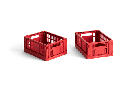 HAY Colour Crate, Mini, Red, recycled plastic storage crate, two bright red folding crates side by side on a plain white background