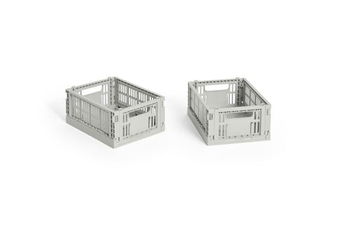 HAY Colour Crate, Mini, Grey, recycled plastic storage crate, two light grey folding crates side by side on a plain white background