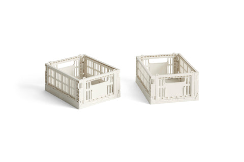 HAY Colour Crate, Mini, Off-White, recycled plastic storage crate, two off-white folding crates on a plain white background