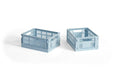 HAY Colour Crate, Mini, Soft Blue, recycled plastic storage crate, two soft blue folding crates on a plain white background