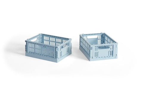 HAY Colour Crate, Mini, Soft Blue, recycled plastic storage crate, two soft blue folding crates on a plain white background