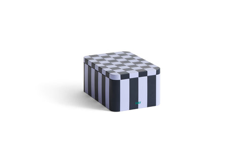 HAY Tin Container, Small, Dark Blue and Lavender, lidded tinplate storage tin, striped box with a checkerboard lid on a plain white background