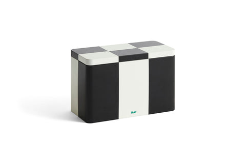 HAY Tin Container, Medium, Black and Off-White, lidded tinplate storage tin, block patterned box shown closed on a plain white background