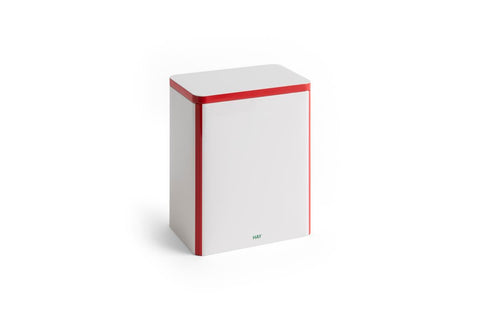 HAY Tin Container, Large, Off-White and Red, lidded tinplate storage tin, tall box with red edging shown closed on a plain white background