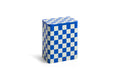 HAY Tin Container, Large, Blue and Off-White, lidded tinplate storage tin, checkerboard box shown closed on a plain white background
