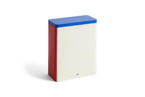 HAY Tin Container, X-Large, Off-White, Blue and Red, tinplate storage tin with a blue lid and red side panel on plain white