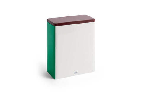 HAY Tin Container, X-Large, Off-White, Burgundy and Green, lidded tinplate storage tin, shown closed on a plain white background