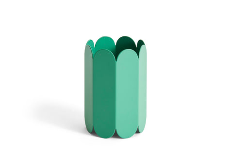 HAY Arcs Vase, Small, Green, green metal flower vase with scalloped sides, single vase shown empty on a plain white background