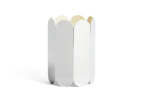 HAY Arcs Vase, Large, Mirror, mirror finish steel vase, single vase shown empty on a plain white background