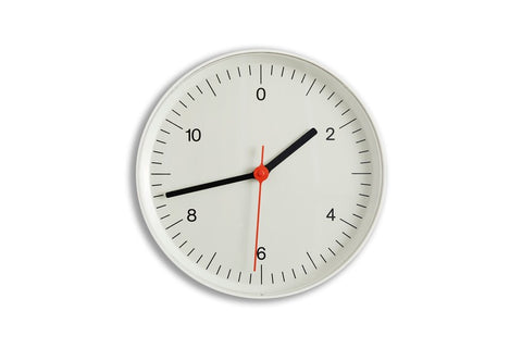 HAY Wall Clock, White, recycled ABS wall clock, white dial with black hands and a red second hand on a plain white background