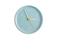 HAY Wall Clock, Blue, recycled ABS wall clock, light blue dial with white hands and a yellow second hand on a plain white background