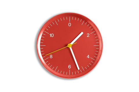 HAY Wall Clock, Red, recycled ABS wall clock, red dial with white hands and a yellow second hand on a plain white background