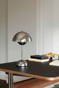 Pavilion AV16 Desk by &Tradition in lacquered walnut with Flowerpot VP9 Portable Lamp in polished chrome