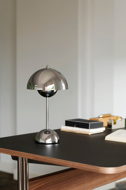 Pavilion AV16 Desk by &Tradition in lacquered walnut with Flowerpot VP9 Portable Lamp in polished chrome