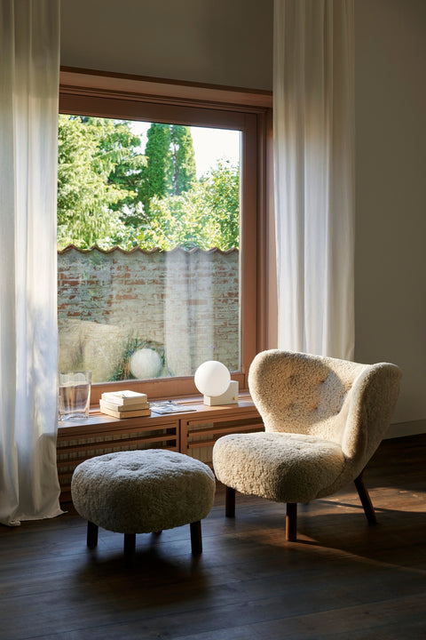 Little Petra VB1 and Pouf ATD1 by &Tradition in soft sheepskin upholstery, paired with Journey lamp and Collect vase.