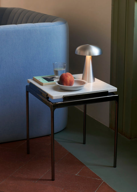Sett LN11 End Table by &Tradition next to Como SC53 Table Lamp and Collect Glass SC78 on neutral interior floor