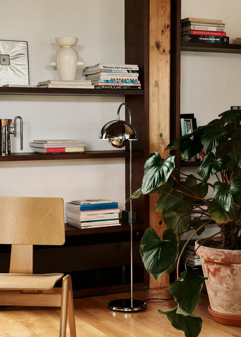 &Tradition Flowerpot VP12 Floor Lamp in cobalt blue adding colour to a soft neutral interior with Margas LC chairs and Wire Stool VP11.
