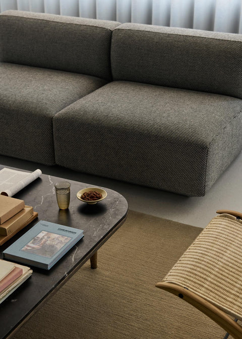 Fly SC11 Coffee Table by &Tradition styled with Develius Sofa by Edward van Vliet and woven chair – smoked oak base with honed Nero Marquina marble top.