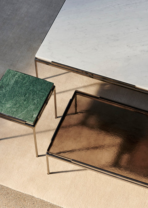 Sett LN11 End Table by &Tradition with Verde Guatemala Marble Top and Smoked Glass LN13 Coffee Table on Neutral Rug